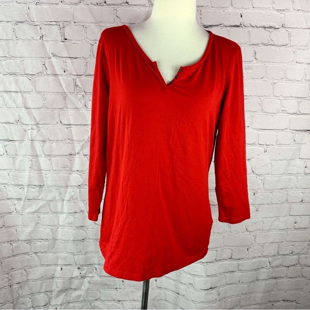 Lands' End Womens M red 3/4 Sleeve knit Top v-neck basic t-shirt layering